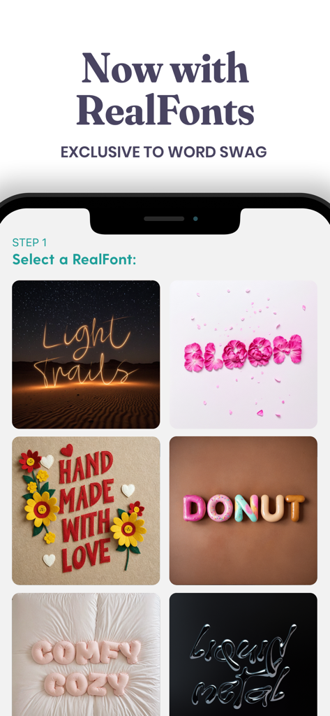 Word Swag - Cool Fonts - Screenshot of Word Swag app showing various RealFont styles including letters made of flowers, donuts, and light trails.
