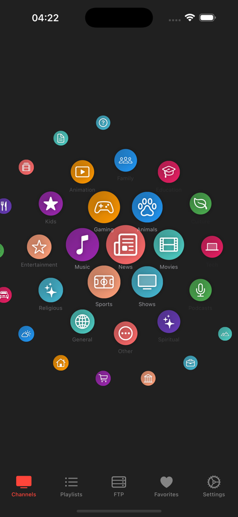 Mobdro IPTV Plus - Mobdro IPTV Plus app interface displaying channel categories in a circular menu