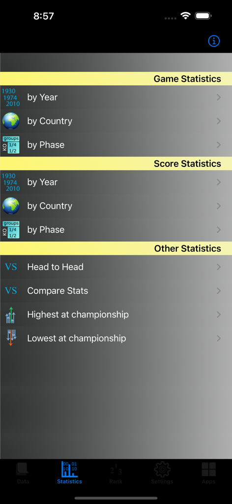Football Cup Stats - Football Cup Stats app menu listing game score and other historical statistics categories