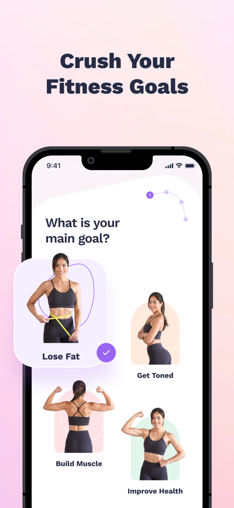 Nüli - Home & Gym Workouts - A mobile screen from the Nüli app asking users to select a fitness goal such as Lose Fat, Get Toned, Build Muscle, or Improve Health.