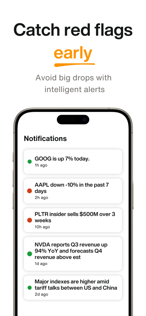 Bloom app interface showing stock market notifications and intelligent alerts for investors