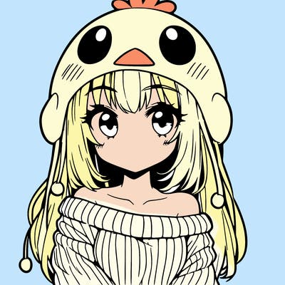 anime girl with chick shaped hat with sweater with bare shoulders with bangs covering them one eye with low tail