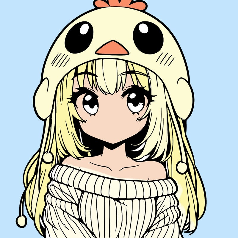 anime girl with chick shaped hat with sweater with bare shoulders with bangs covering them one eye with low tail