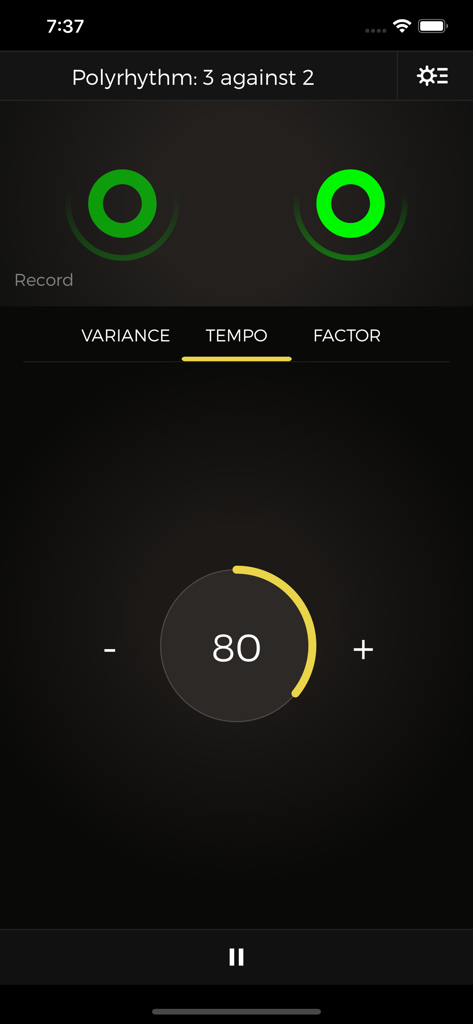 Metron (Pro Metronome) - Metron Pro Metronomeアプリのインターフェース、3対2のポリリズムと80 BPMのテンポダイヤルを表示