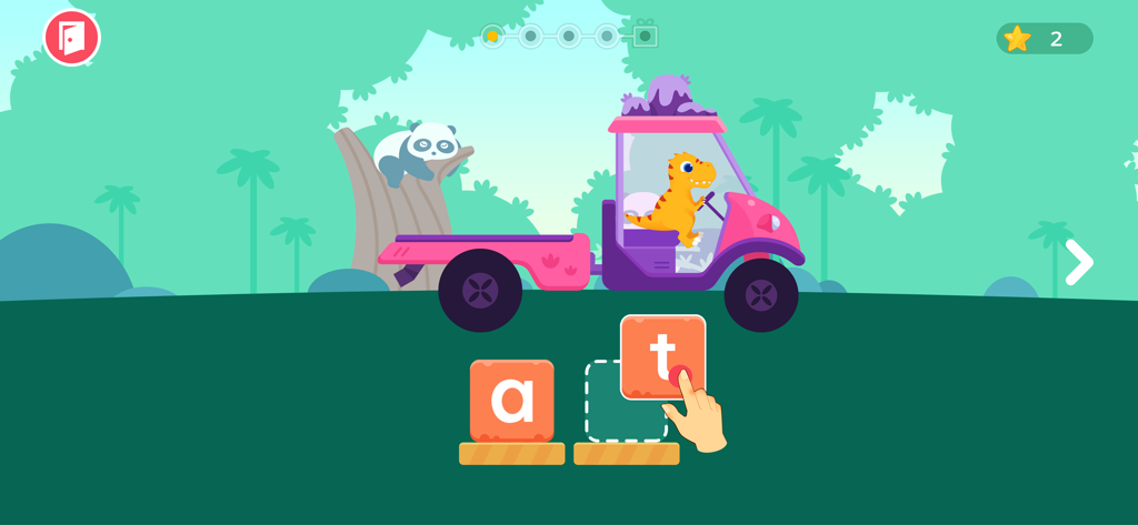 Ein Dinosaurier fährt einen LKW in einem Kinderspiel zur Lautiererkennung und zieht Buchstabenkarten, um Wörter zu buchstabieren.