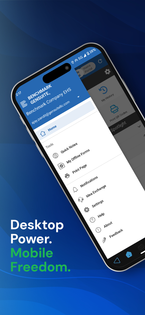 Benchmark Gensuite mobile app navigation menu showing tools for EHS compliance reporting