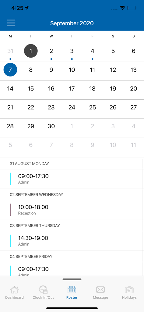 Timepoint - Timepoint mobile app roster screen displaying work schedules and a calendar.