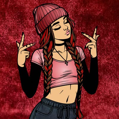 realistic teenage girl with braids and a beanie and crop top doing 🫶🏼