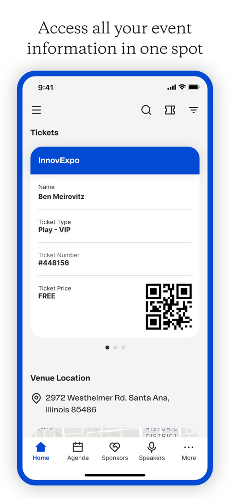 Bizzabo - Bizzabo App-Bildschirm mit einem digitalen Event-Ticket mit QR-Code und Veranstaltungsortdetails