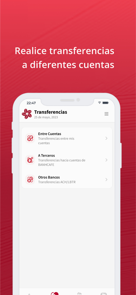 BANHCAFE Online - Pantalla de la aplicación BANHCAFE Online que muestra opciones de transferencia entre cuentas y otros bancos