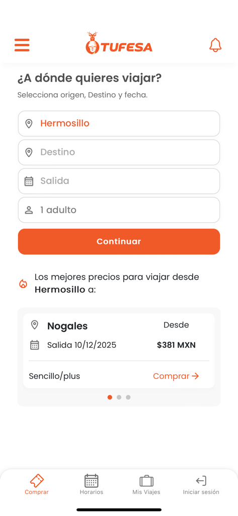Tufesa - Tufesa mobile app home screen showing bus ticket search fields and promotional fares from Hermosillo