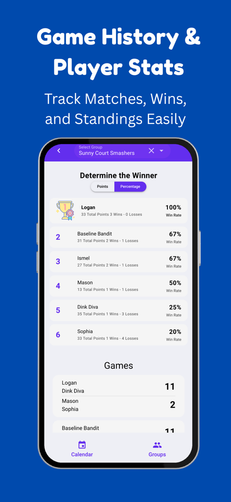 A mobile app screen displaying pickleball tournament rankings and player statistics