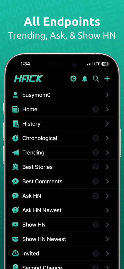 HACK for Hacker News YC Reader - Menú principal de la aplicación HACK para Hacker News que muestra categorías de navegación como Trending, Ask HN y Show HN en un tema oscuro.