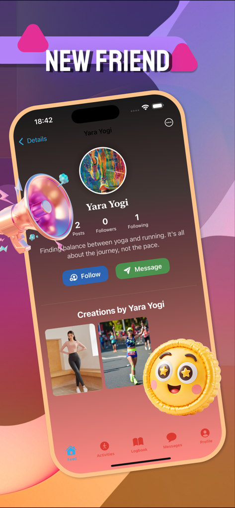 A mobile app screenshot showing a user profile for a fitness enthusiast with follow and message options.