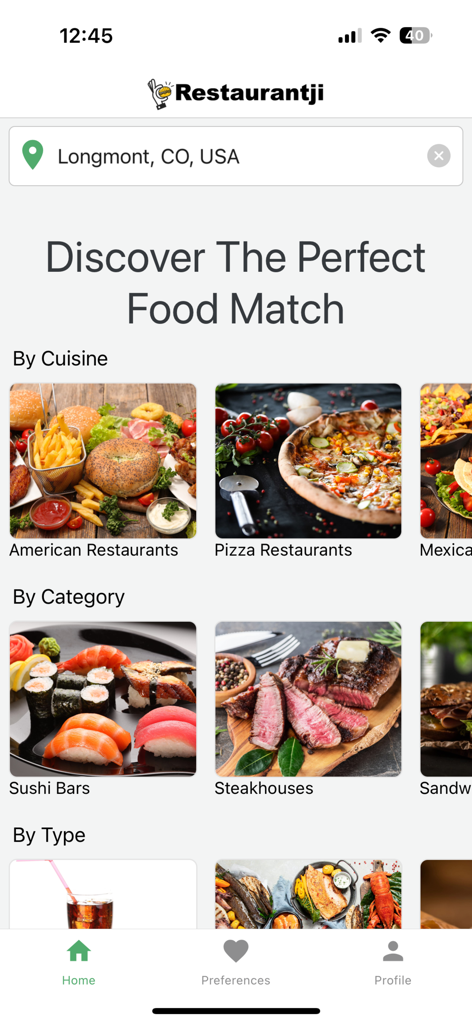 Restaurantji Dining Guide - Restaurantji app home screen showing restaurant discovery by cuisine and category in Longmont Colorado