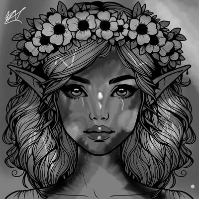 realistic female elf with flower crown