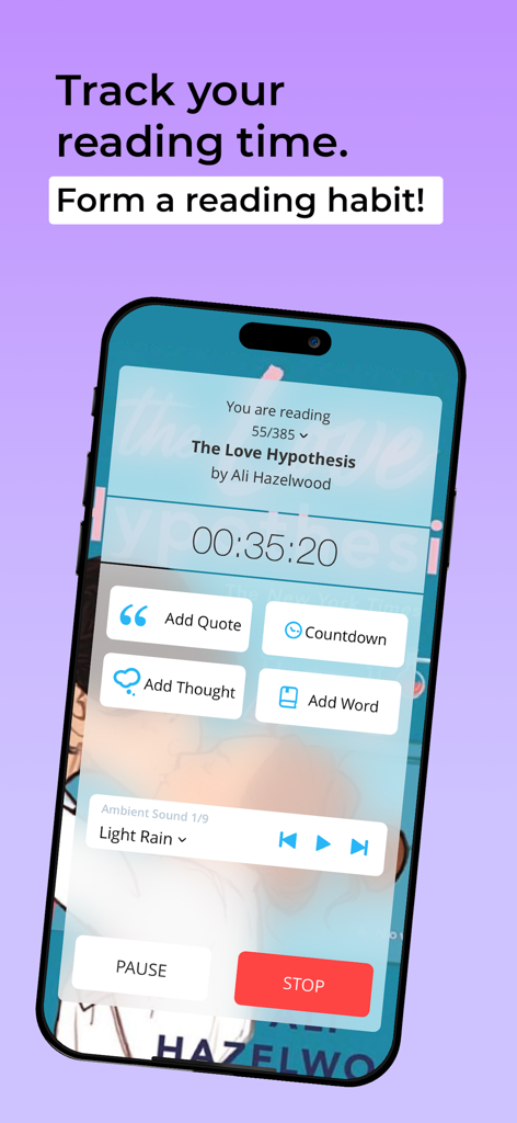 A smartphone displaying the Bookly app reading timer interface for the book The Love Hypothesis with features to add quotes thoughts and ambient sounds