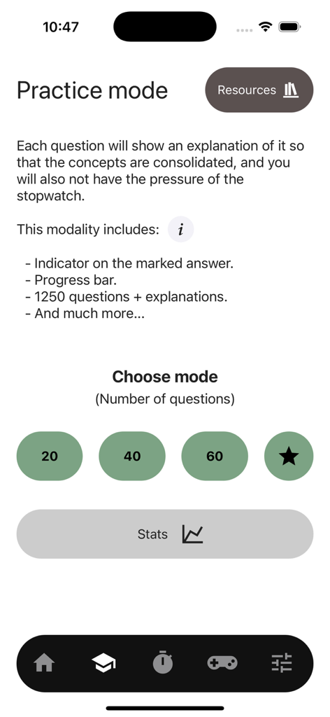 AWS Cloud Practitioner CLF-C02 - Einstellungsbildschirm für den Übungsmodus der AWS Cloud Practitioner-Prüfungsvorbereitungs-App mit Optionen für die Anzahl der Fragen und Fortschrittsstatistiken