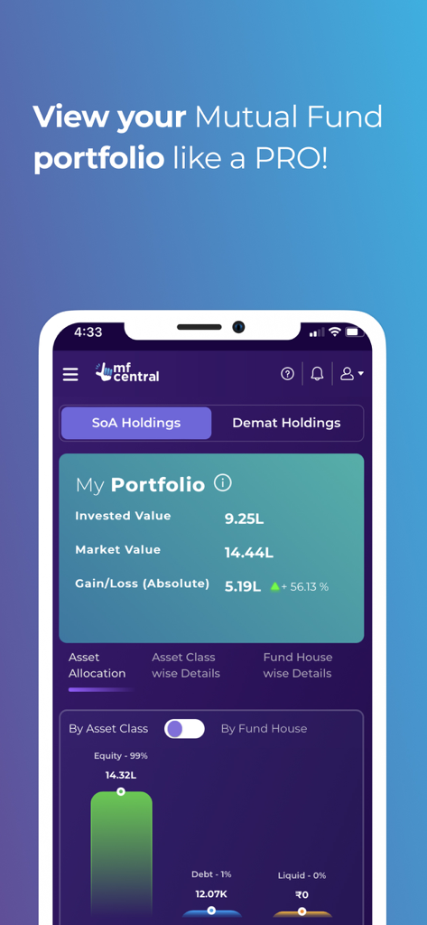 MFCentral app screen showing a summary of mutual fund investments including invested value and asset allocation