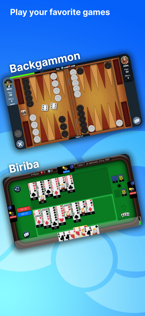 Zoo.gr Mobile App-Oberfläche mit Backgammon- und Biriba-Spielen