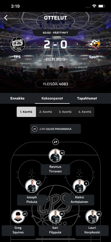 HC TPS mobile app displaying a hockey match result and the starting player lineup on a virtual rink