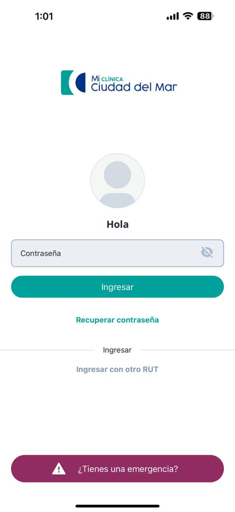 Clínica Ciudad del Mar - Pantalla de inicio de sesión para la app Clinica Ciudad del Mar con campo de entrada de contraseña y botón de contacto de emergencia