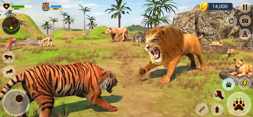 Lion Hunting Simulator Game - Un leone 3D ruggisce contro una tigre in un gioco simulatore di sopravvivenza nella giungla con controlli sullo schermo e barre della salute