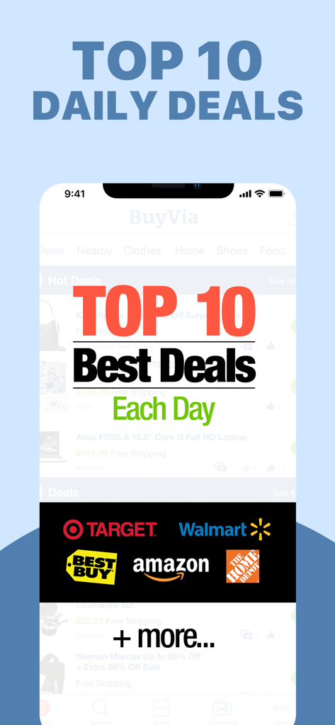 Interfaccia dell'app BuyVia che mostra le prime 10 offerte giornaliere dai principali rivenditori come Target, Walmart e Amazon