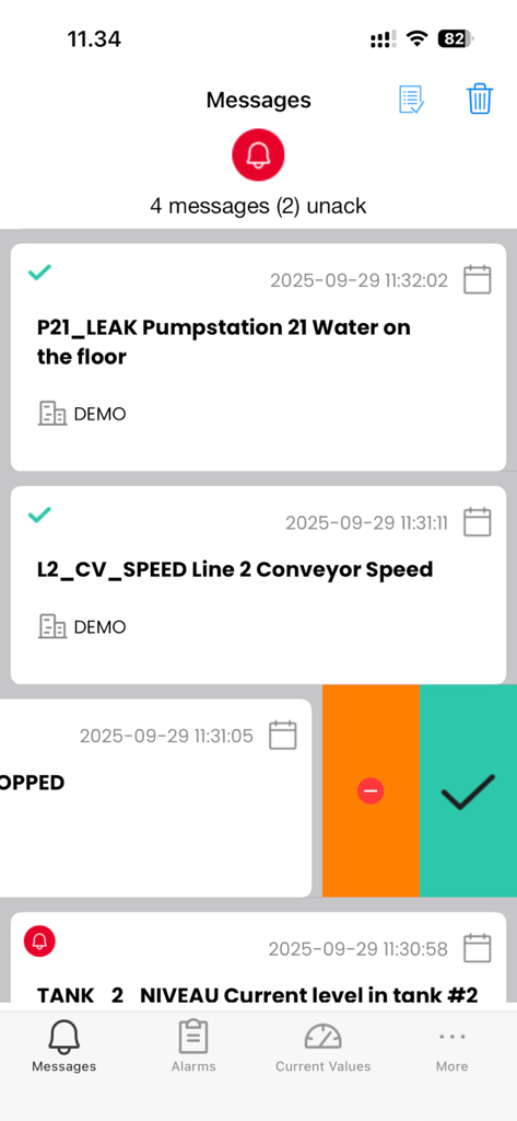 SmartDirect - SmartDirect mobile app displaying a list of industrial SCADA alarm messages and status alerts