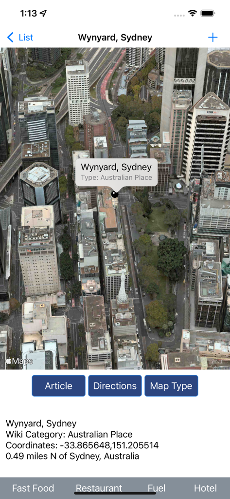 3D satellite map view of Wynyard Sydney showing location details and navigation buttons in the WikiPal Oceania app