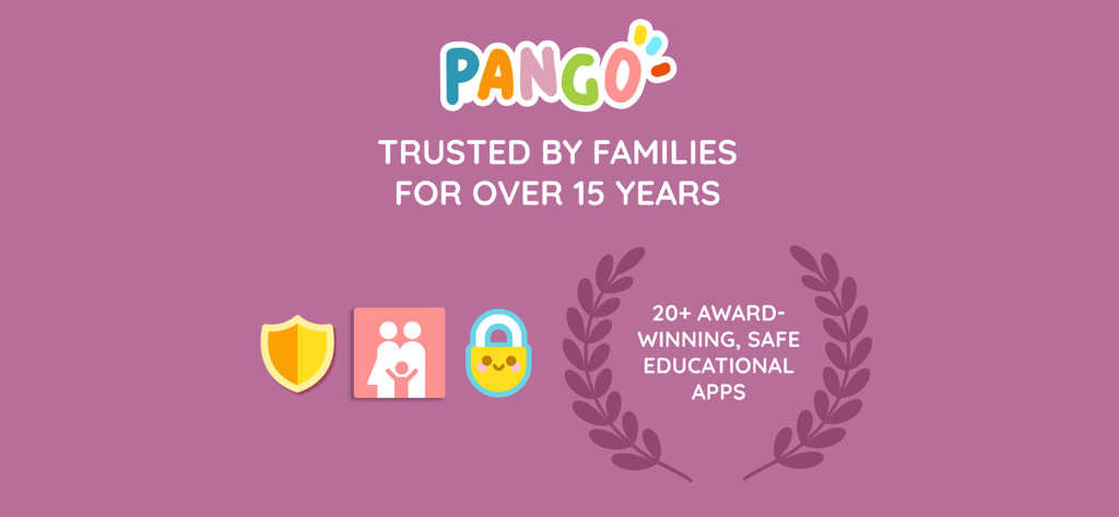 Pango Pirate: Adventure Game - Pangoロゴと、15年間の家族からの信頼と受賞歴のある安全な教育アプリを強調するブランド信頼メッセージ