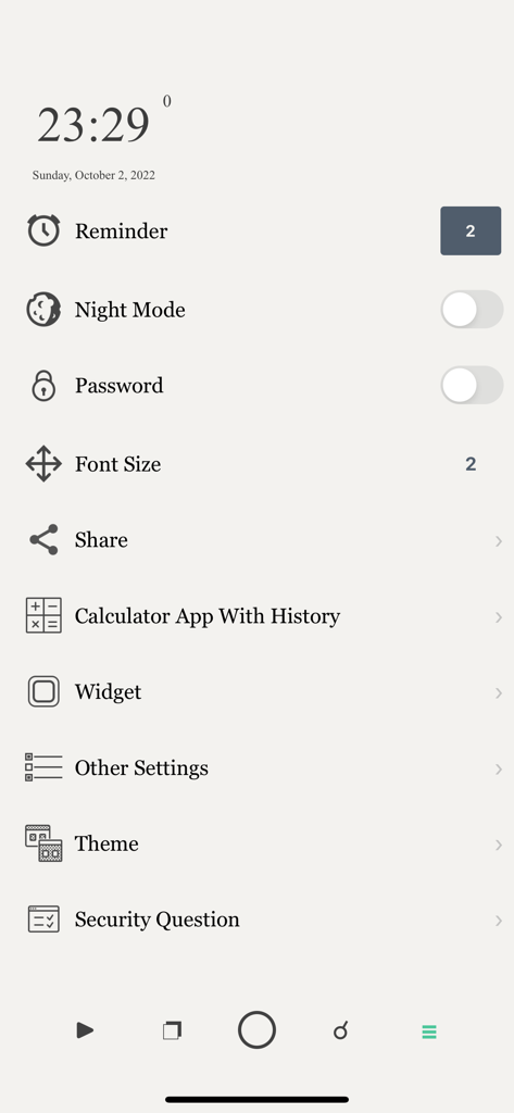 Settings screen of the Affirmations Reminders app showing customization options like theme font size and widgets