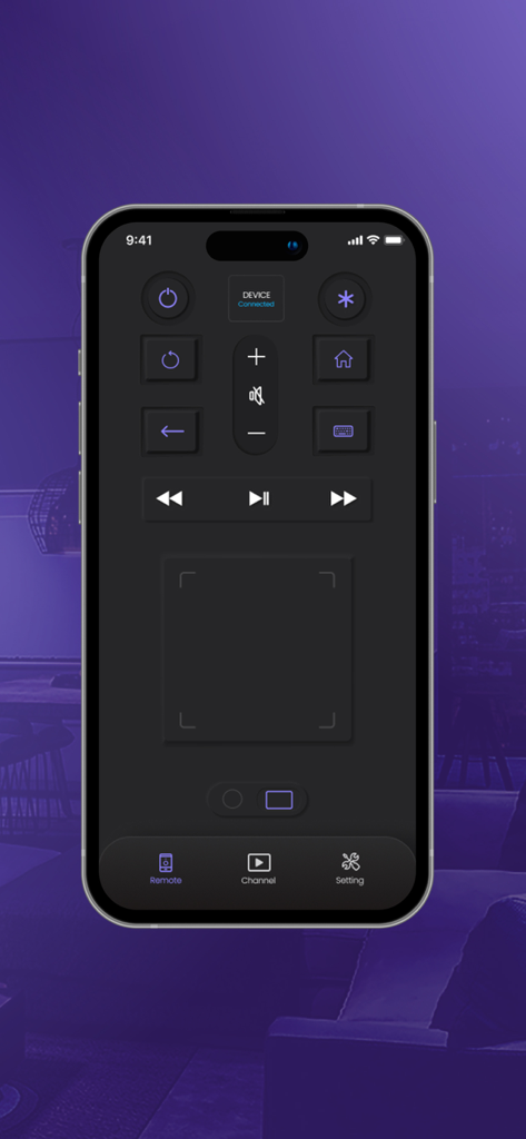 Digital remote control interface for Roku TV on an iPhone showing navigation buttons and a touchpad