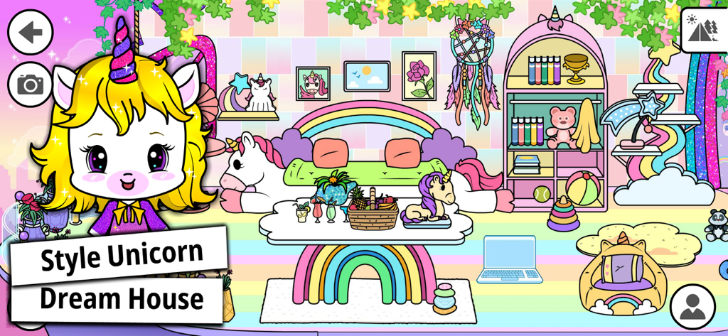 Tizi My Dream Home Design Game - A colorful unicorn themed room with rainbow furniture and toys in the Tizi My Dream Home game