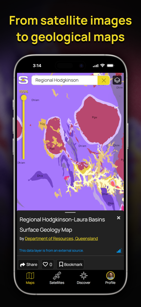 Soar - The New Atlas - iPhone screen displaying a colorful regional geological map of the Hodgkinson-Laura Basins on the Soar app interface.
