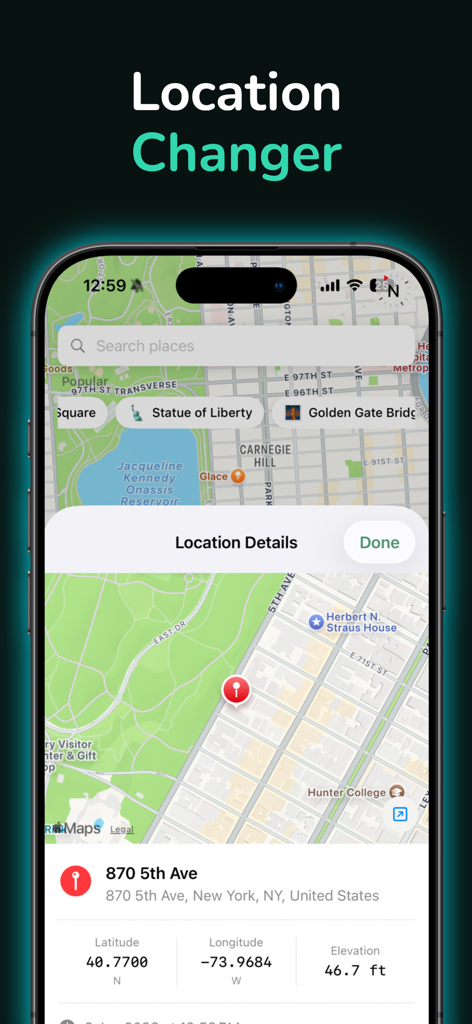 iPhone screenshot of the Location Changer app showing a pinned location in New York City with detailed GPS coordinates and elevation data.