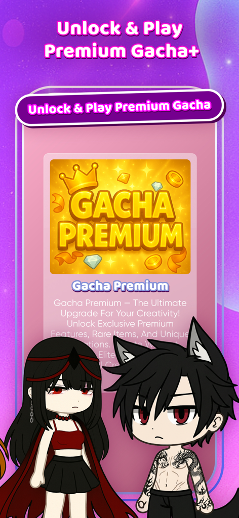 Tela de desbloqueio premium do Gachuna com personagens de anime personalizados