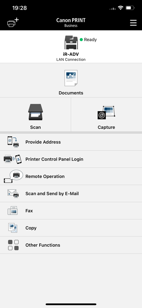 Home screen of Canon PRINT Business app showing scan capture and remote printer operation options