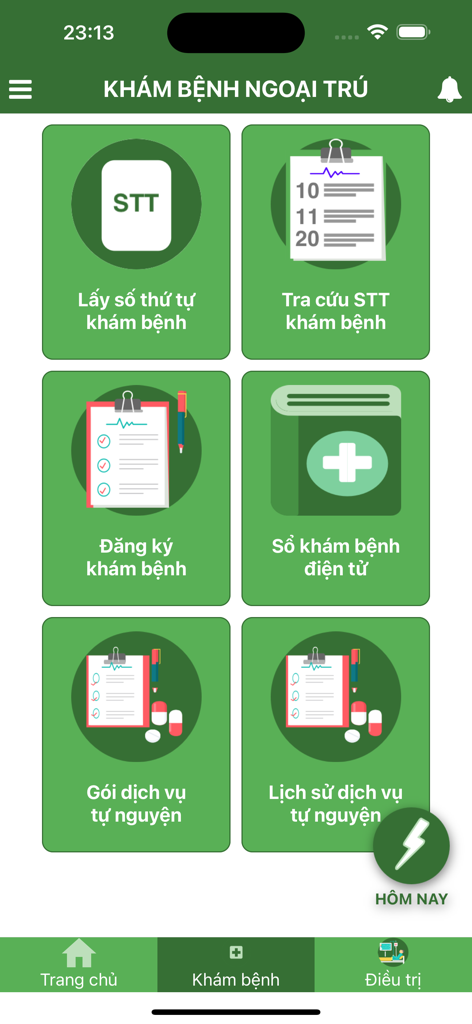 O menu de serviços ambulatoriais do aplicativo do hospital BVTP VINH mostrando opções de agendamento médico e números de fila.