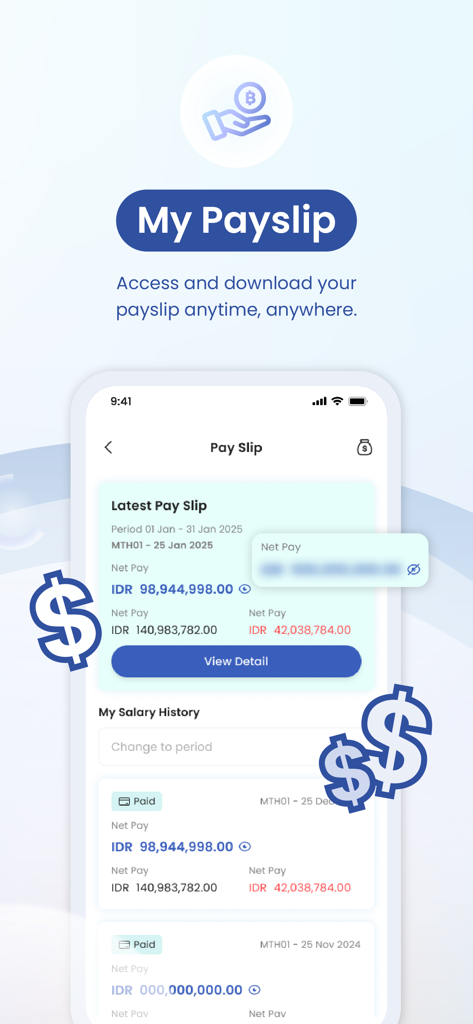 SunFish Mobile - A smartphone screen displaying the SunFish Mobile payslip and salary history features.