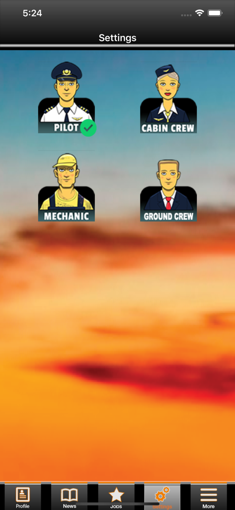 Tela de configurações do aplicativo Latest Pilot Jobs mostrando categorias de empregos para Piloto, Tripulação de Cabine, Mecânico e Equipe de Solo