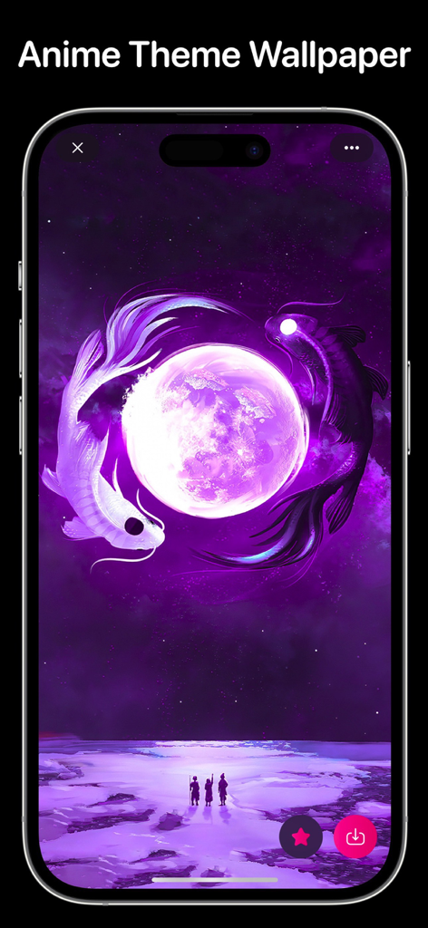 Screenshot dell'app Everpix che mostra uno sfondo anime viola con pesci koi e una luna