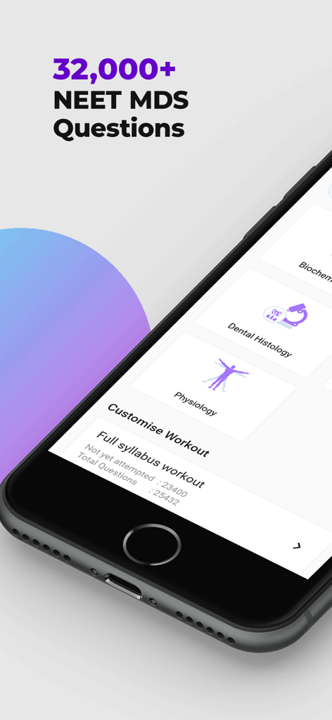 NEET MDS Prep App by PULP interface showing practice questions and study topics for dental exams