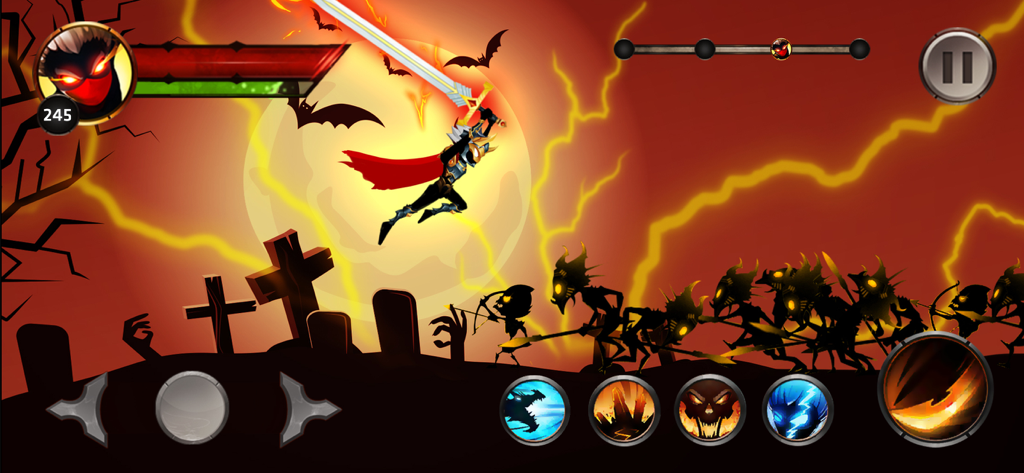 Um herói stickman com uma espada flamejante pulando para atacar uma horda de inimigos das sombras em um cemitério.