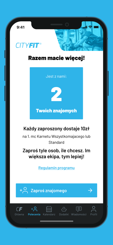 Empfehlungsbildschirm in der CityFit-App, der ein Freundschaftseinladungsprogramm mit Belohnungen und einem Zähler für beigetretene Freunde zeigt.