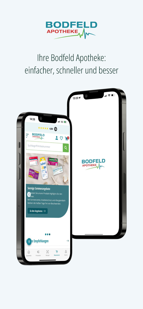 Bodfeld Apotheke e.K. - Zwei iPhones, die den Startbildschirm und den Startbildschirm der Bodfeld Apotheke-App mit Apothekenprodukten und Sommerangeboten anzeigen