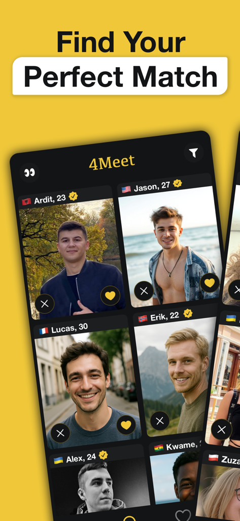 Interracial Dating – 4Meet - 4Meet mobile app interface showing a grid of diverse male profiles from different countries under the headline Find Your Perfect Match.