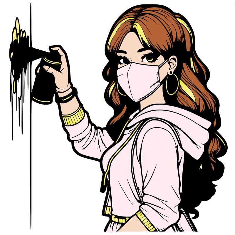 realistic girl with mask spray painting a wall