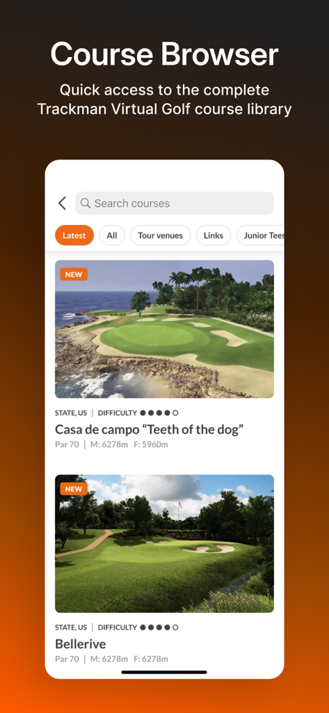 Browse the library of virtual golf courses in the Trackman Golf app.
