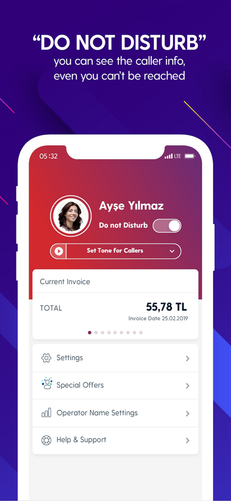 UpCall app screen showing the Do Not Disturb feature and user profile settings.
